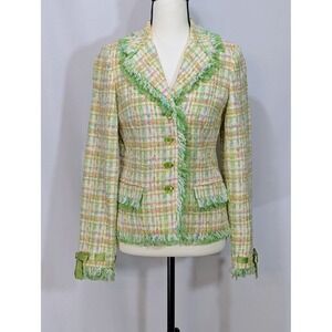Teri Jon by Rickie‎ Freeman Pastel Green Tweed Fringe Blazer Jacket Size 4